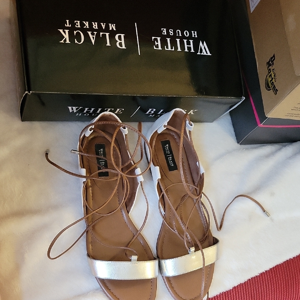 White House Black Market Silver and Tan Women's Sandals